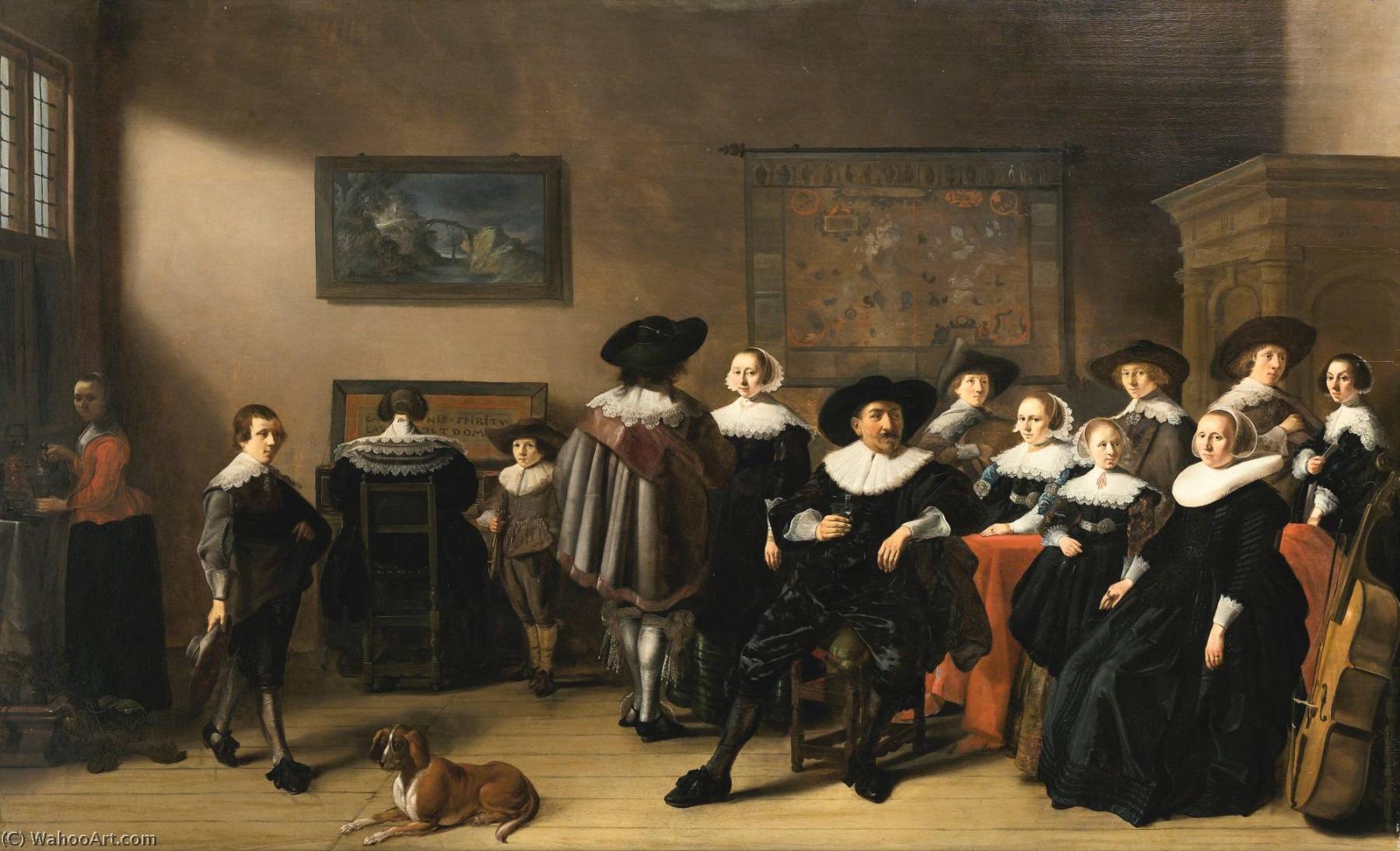 Family Portrait With Husband, Wife And Two Daughters Seated At A Table Draped In Red Cloth, A Son Playing A Lute, Another Son Holding A Fiddle Beside A Lady Playing The Virginal, A Maidservant Pouring Wine By The Window, And A Dog Resting On The Floor — Pieter Jacobsz Codde