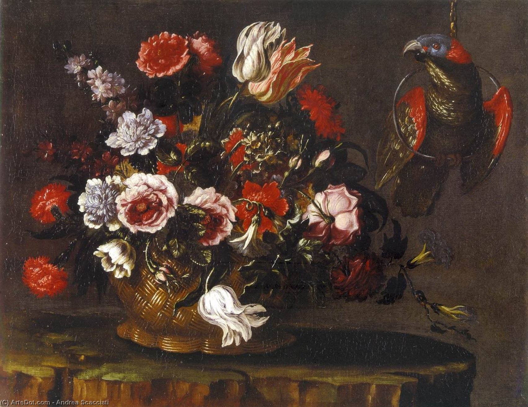 Basket Of Flowers With Parrot — Andrea Scacciati