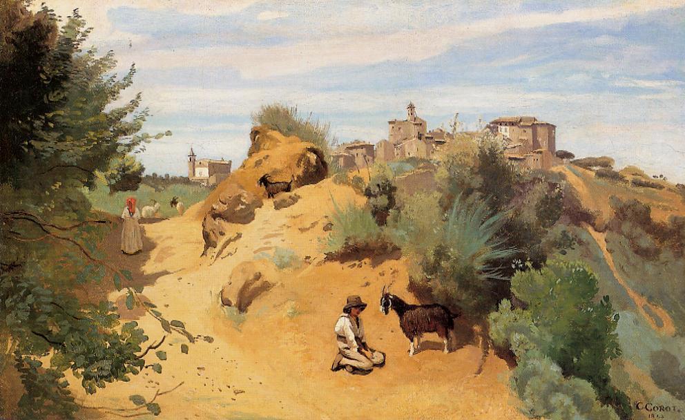 Genzano - Geißbockhirte Und Dorf — Jean-baptiste-camille Corot