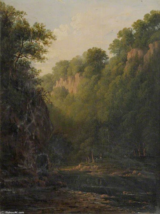 A Rocky Ravine With Trees And Figures Beside A River — Patrick Nasmyth