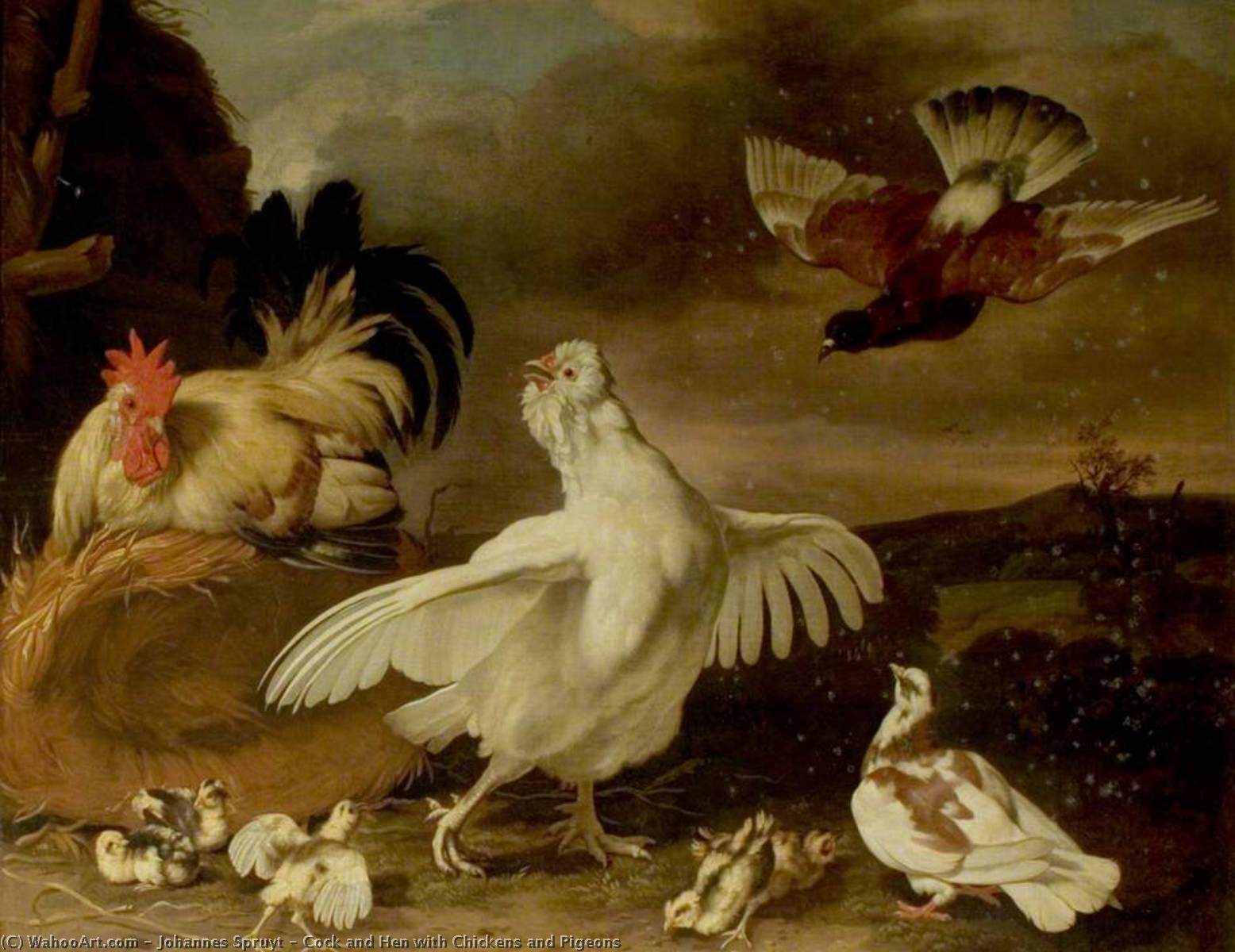 Cock And Hen With Chickens And Pigeons — Johannes Spruyt
