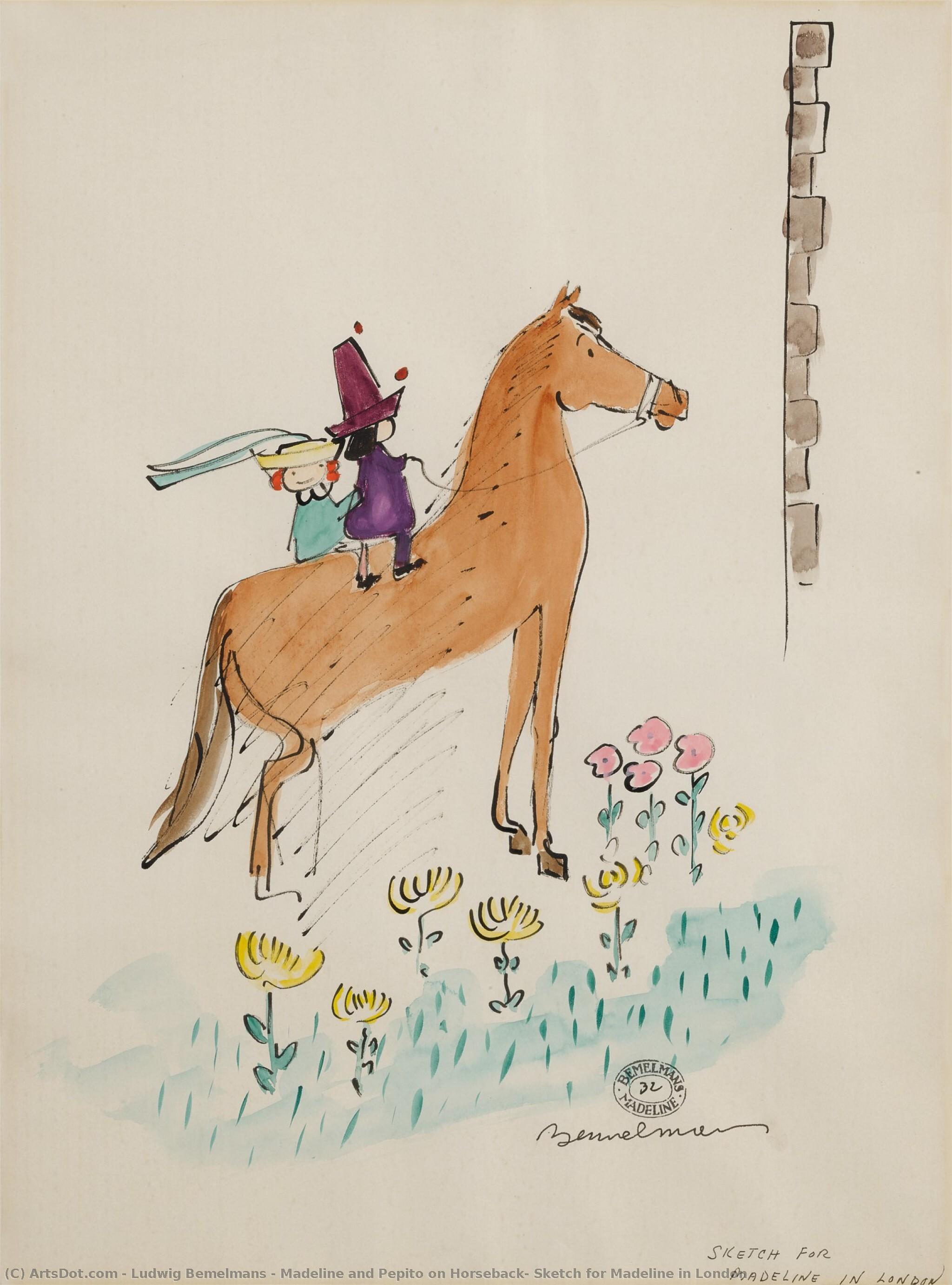 Madeline And Pepito On Horseback, Sketch For Madeline In London — Ludwig Bemelmans
