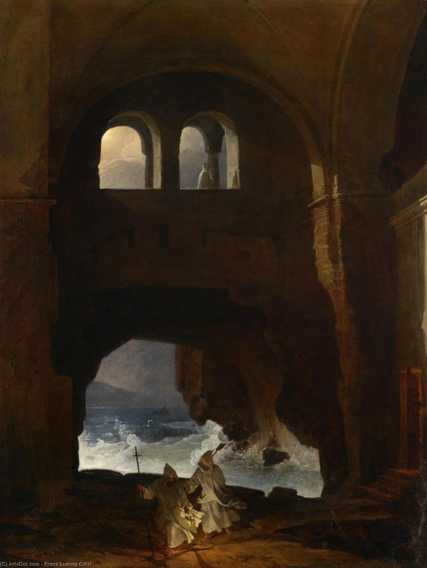 Monks In The Courtyard Of A Monastery By The Sea — Franz Ludwig Catel