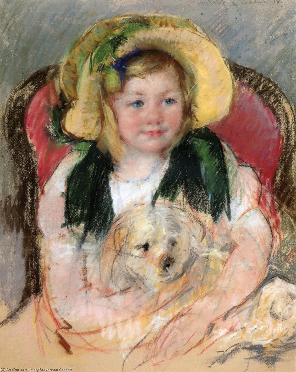 Sara With Her Dog, In An Armchair, Wearing A Bonnet With A Plum Ornament — Mary Stevenson Cassatt