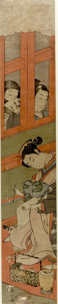 Two Men Looking Through Window Lattice At Courtesan Writing A Letter — Suzuki Harunobu