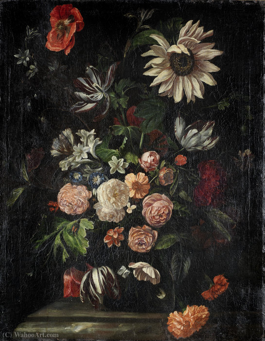 Roses, Tulips, Poppies, A Sunflower And Other Flowers In A Glass Vase On A Stone Ledge — Ernst Stuven