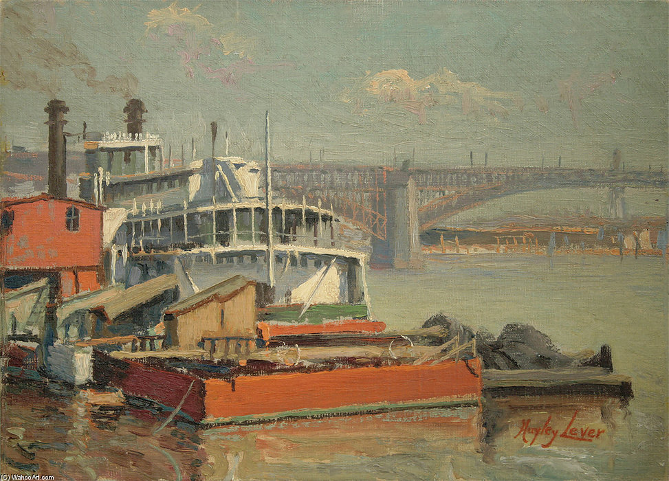 Paddle Steamer Mark Twain, Mississippi River Eads Bridge At St. Louis — Richard Hayley Lever