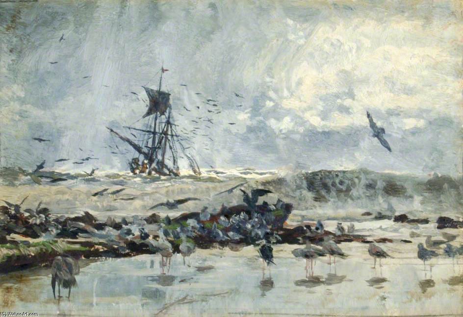 A Ship And Seabirds Near The Coast — William Lionel Wyllie