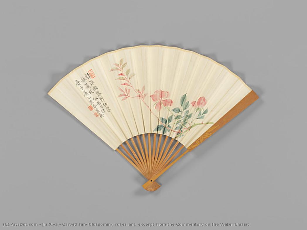 Carved Fan, Blossoming Roses And Excerpt From The Commentary On The Water Classic — Jin Xiya