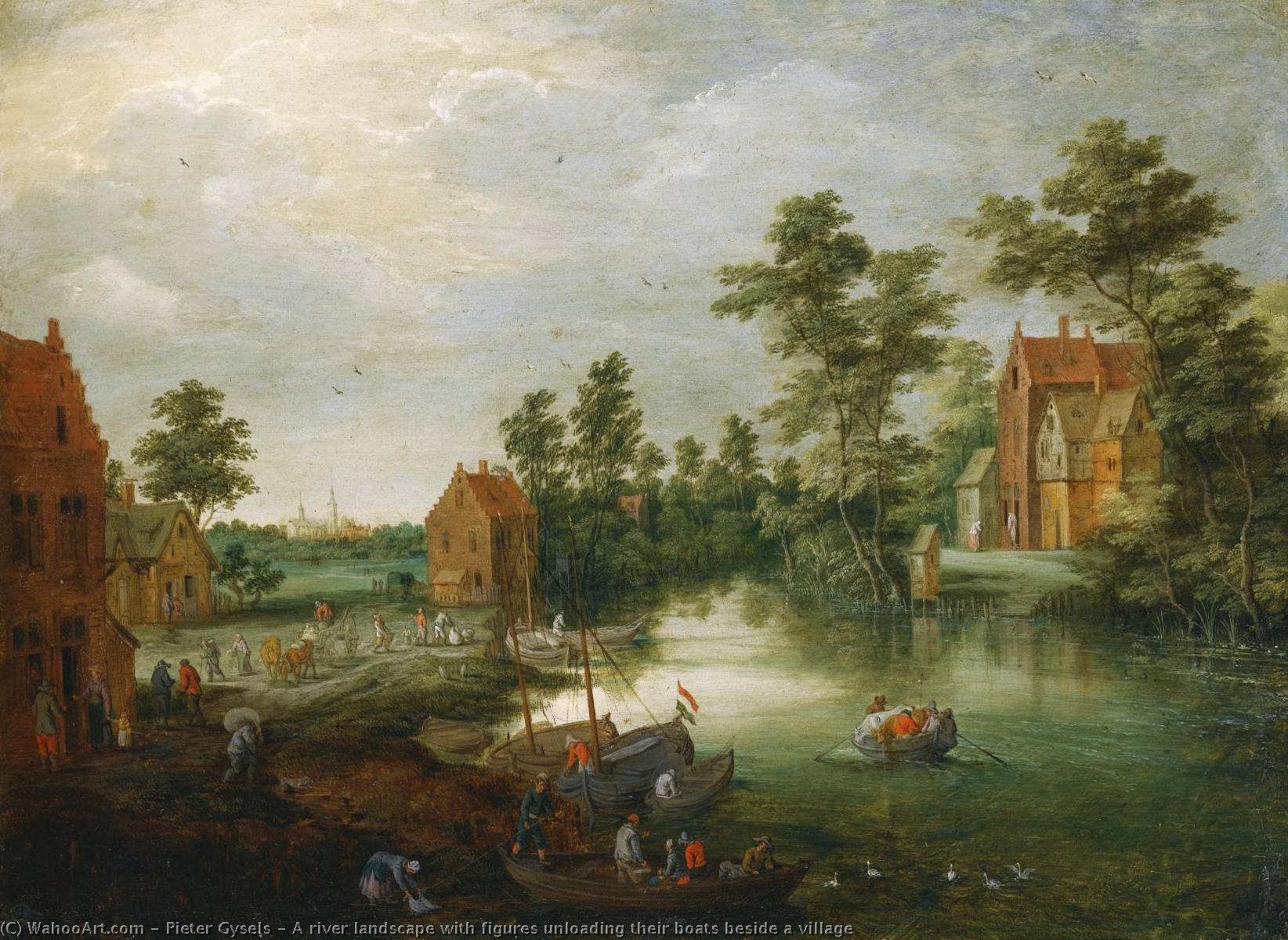A River Landscape With Figures Unloading Their Boats Beside A Village — Pieter Gysels