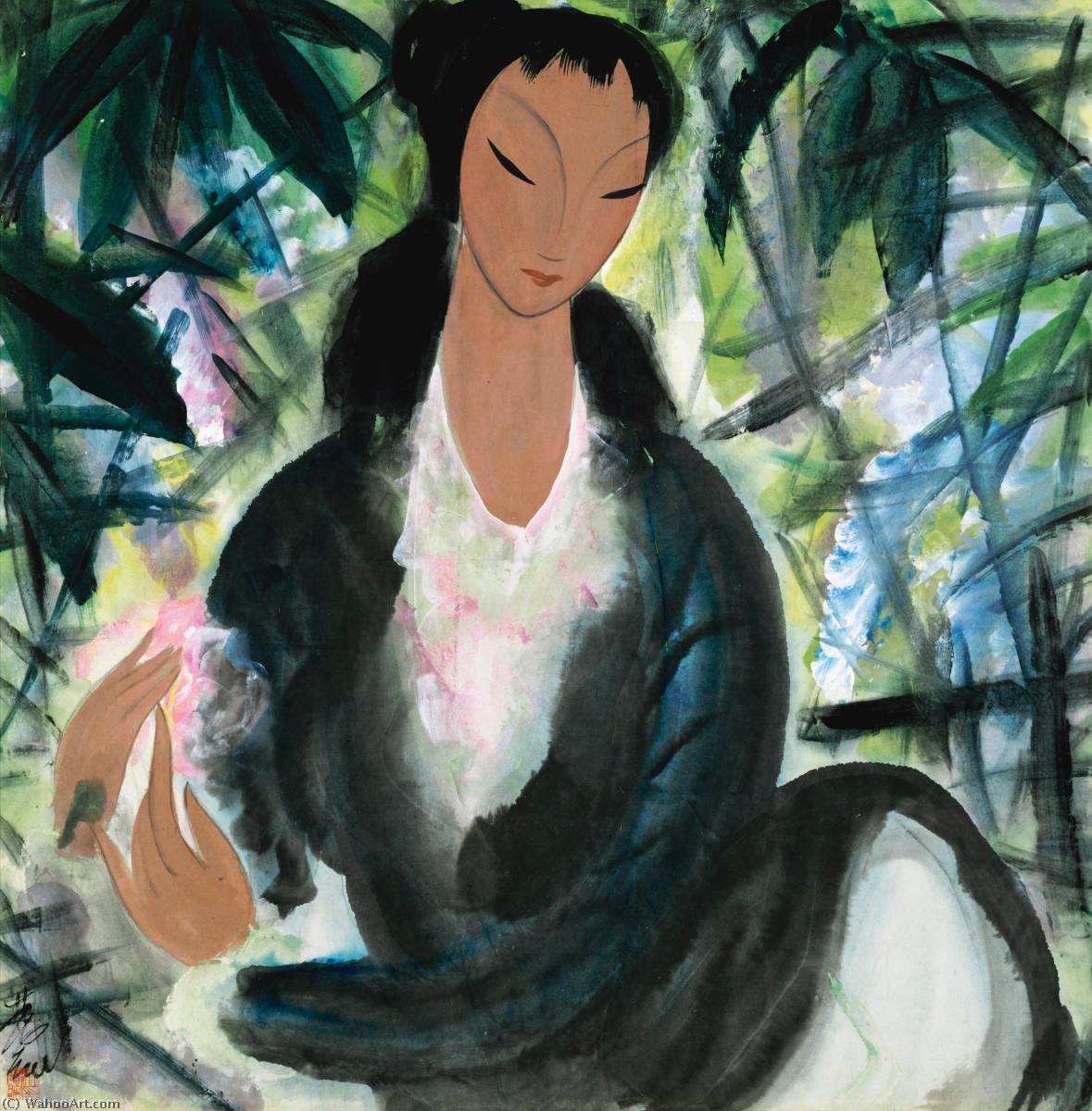 Lady And Wisteria — Lin Fengmian Gans Volando Sobre El Estanque De Loto