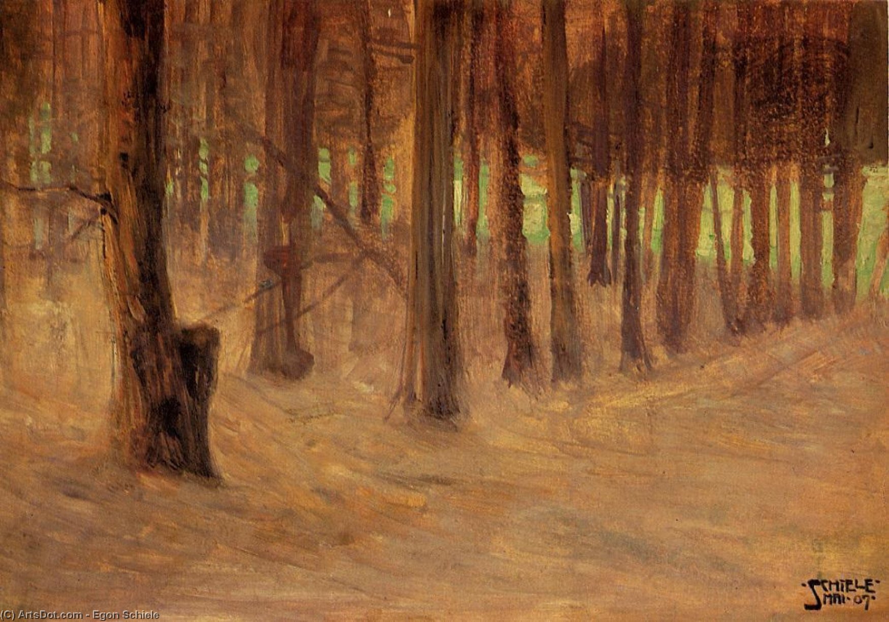 Forest With Sunlit Clearing In The Background — Egon Schiele