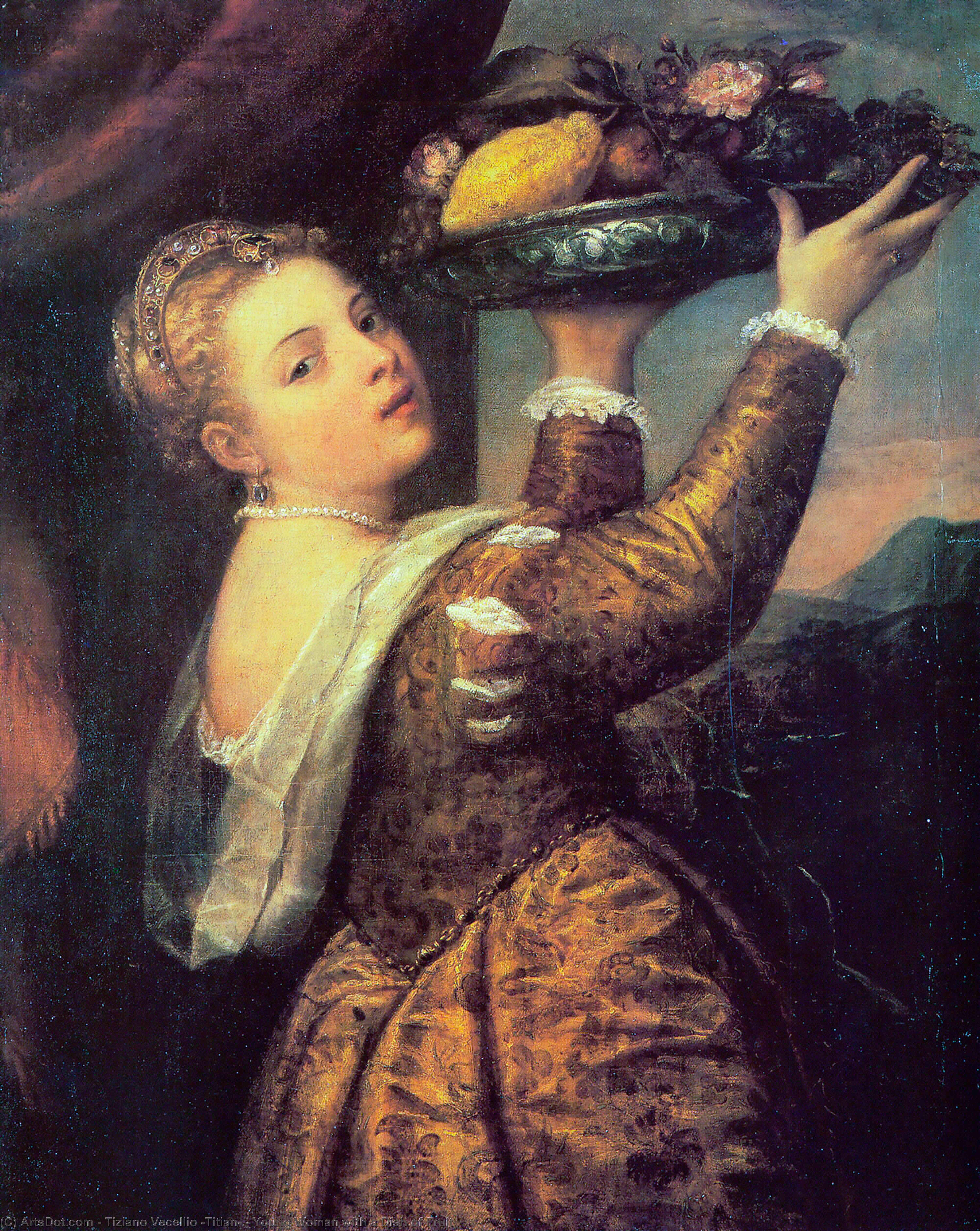 Mujer Joven Con Un Plato De Fruta — Tiziano