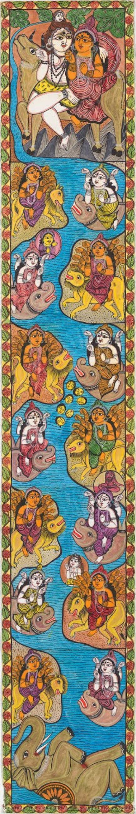 The Fight Between Goddess Durga And Goddess Ganga — Jaba Chitrakar