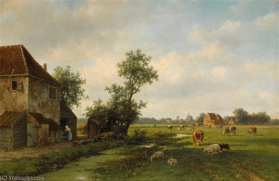 A Sunny Landscape With Cattle Near A Farm — Willem Vester