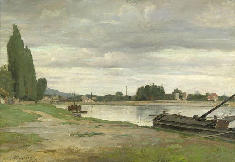 Riverside With Anchored Barge — Charles-françois Daubigny