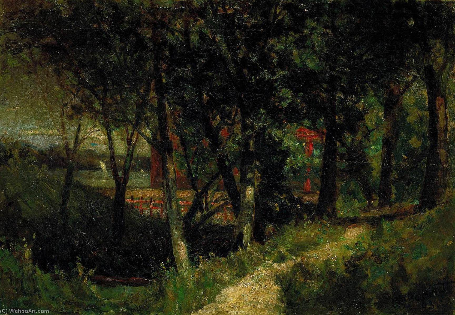 Untitled (landscape, Forest Scene With Red Fence And Building) — Edward Mitchell Bannister
