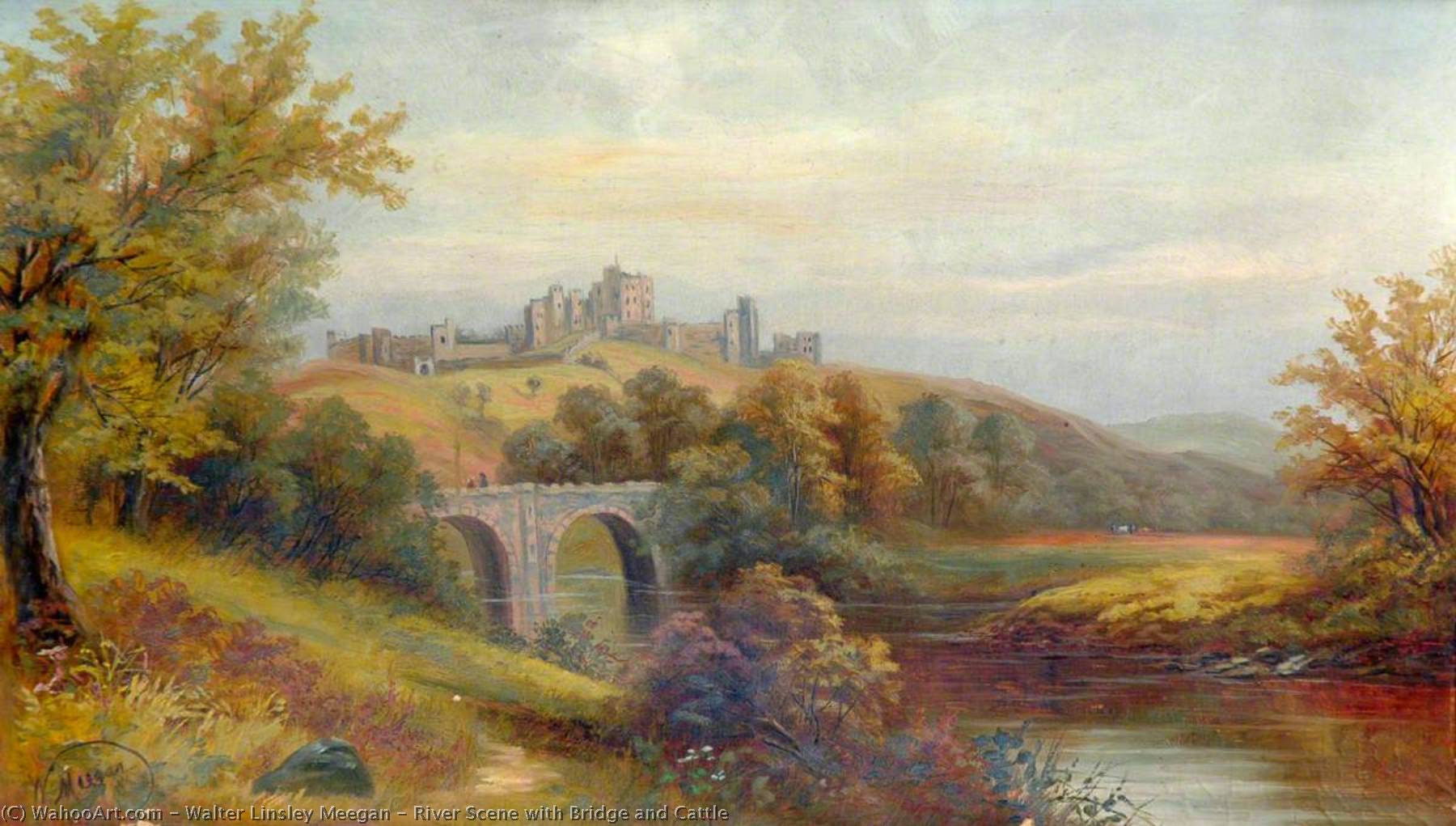 River Scene With Bridge And Cattle — Walter Linsley Meegan