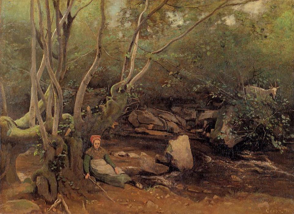 Lormes - Shepherdess Sitting Under Trees Beside A Stream — Jean-baptiste-camille Corot