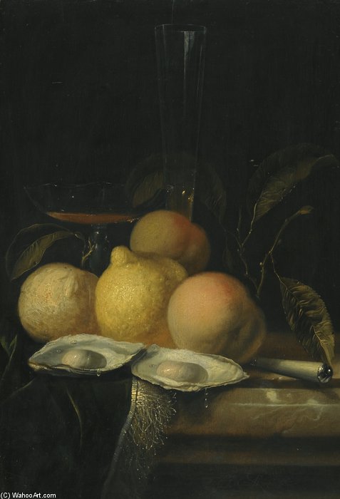 A Still Life With Oysters, Peoches And Lemon On A Marble Table With A Fringed Carpet And Glasses — Juriaen Van Streeck