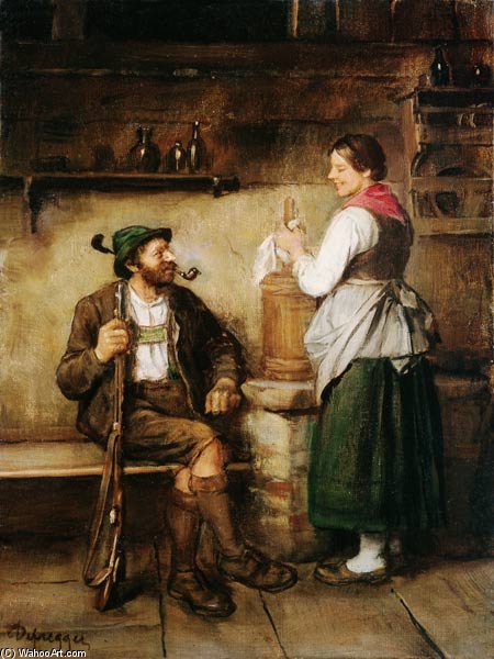 Hunter And Maid In The Kuchl At Happy Geplauder — Franz Von Defregger