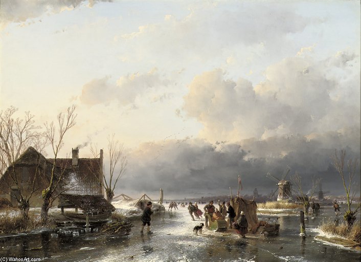 Skaters Near A Koek-en-zopie With Windmills Beyond — Andreas Schelfhout