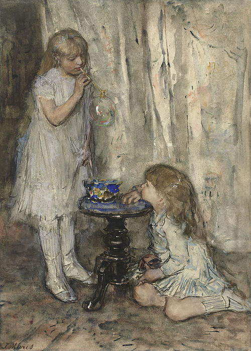 Two Girls, Daughters Of The Artist, Blowing Bubbles — Jacob Henricus Maris