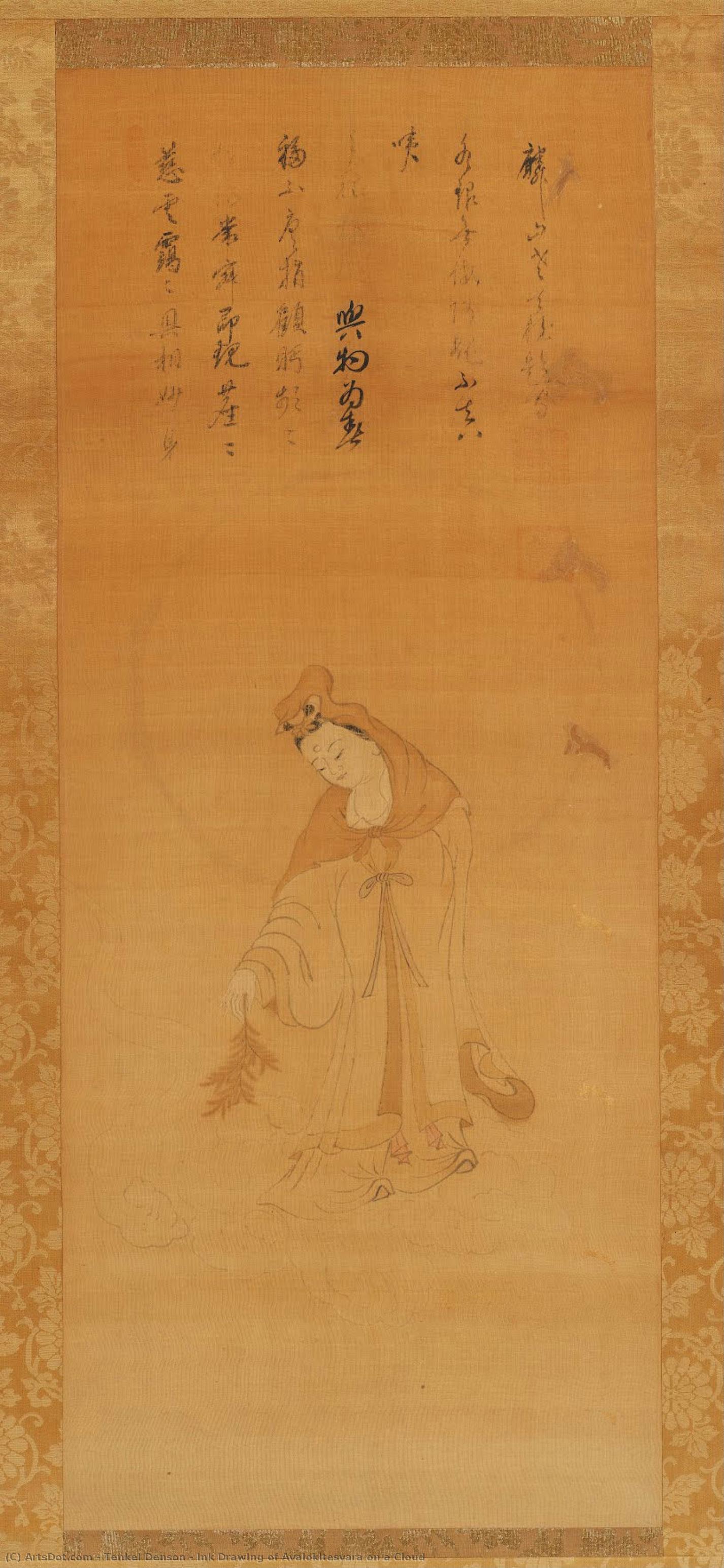 Ink Drawing Of Avalokitesvara On A Cloud — Tenkei Denson