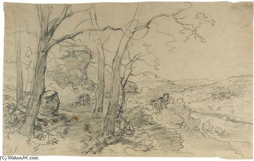 A Wooded River Landscape With Travellers Near A Ruin — Andreas Schelfhout