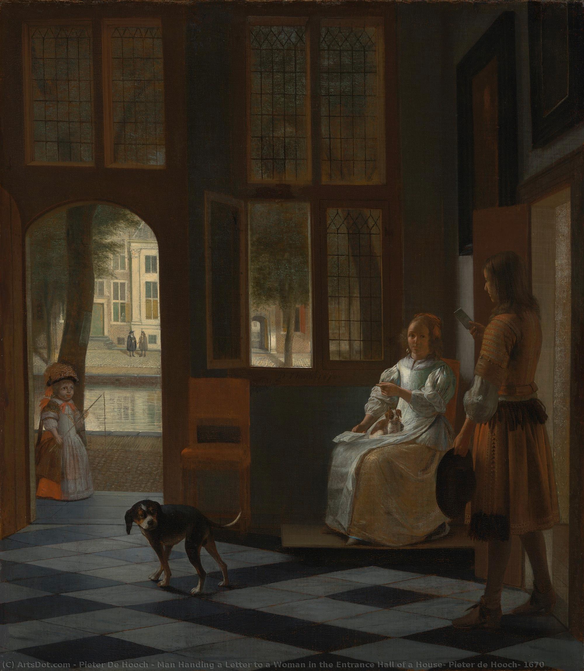 Man Handing A Letter To A Woman In The Entrance Hall Of A House, Pieter De Hooch, 1670 — Pieter De Hooch