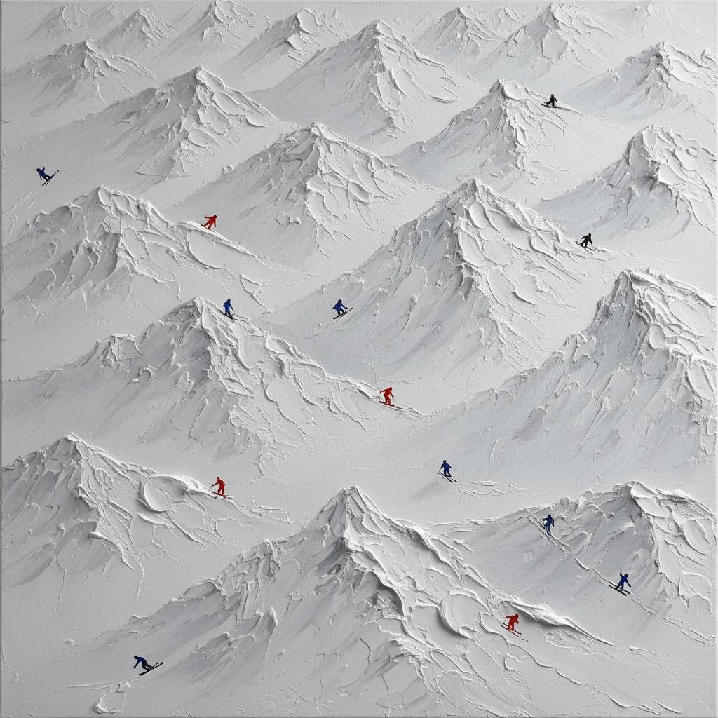 Ethereal Peaks In Monochromatic Relief With Solitary Crimson And Azure Accents — David Moreau