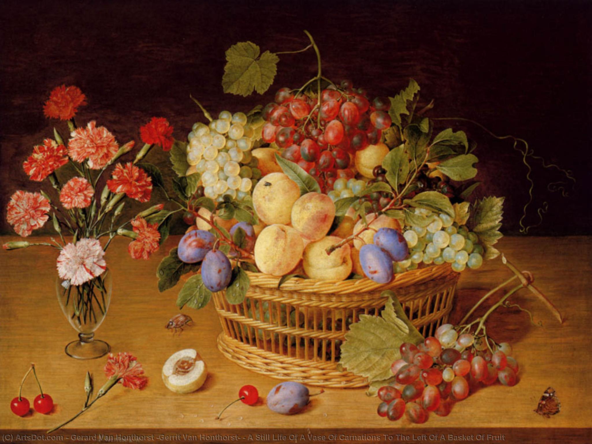 A Still Life Of A Vase Of Carnations To The Left Of A Basket Of Fruit — Герард Ван Хонторст