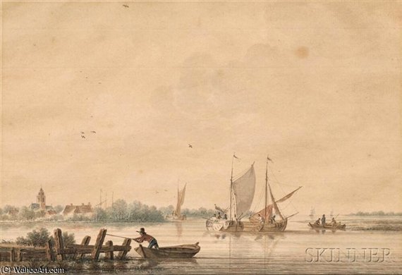 Fishermen On The River Lek, The Village Of Lexmond Beyond — Nicolaas Wicart