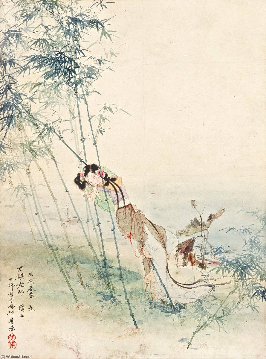 Lady Leaning Against The Bamboo — Hu Yefo