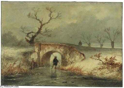 A Man Skating On A Frozen Dyke, Passing A Bridge — Johannes Franciscus Hoppenbrouwers