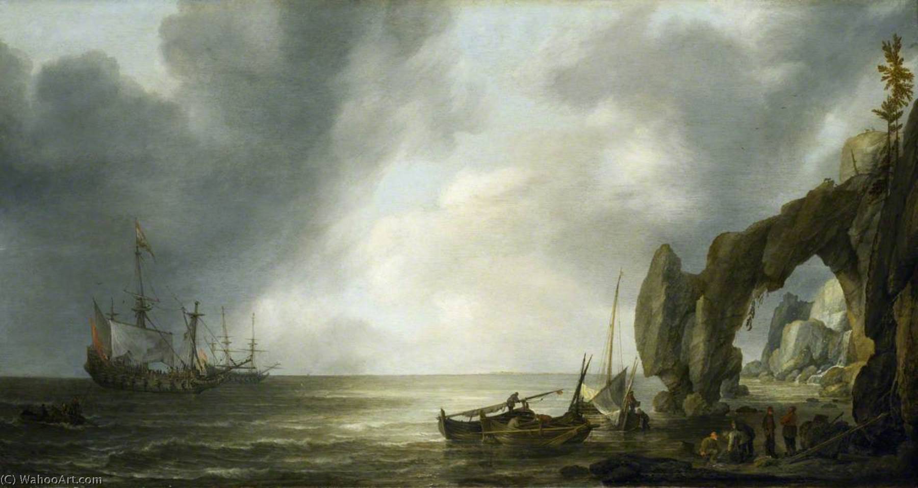 Dutch Men Of War Off A Craggy Coast — Simon Jacobsz De Vlieger