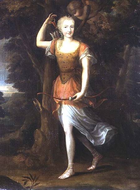 Portrait Of A Lady Thought To Be Diane Denise De Boillon As Diana With Cupid — Jean Nocret