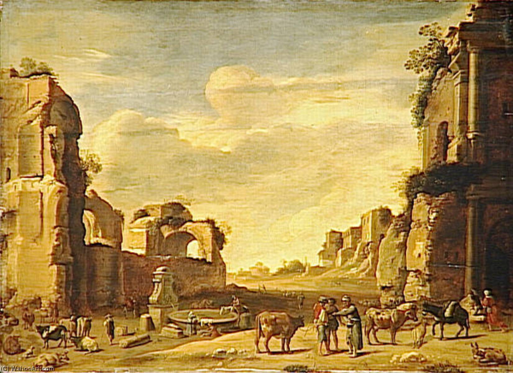 Vue De Fantaisie Du Campo Vaccino A Rome Avec Deux Anes — Kornelis Van Poelenbuh