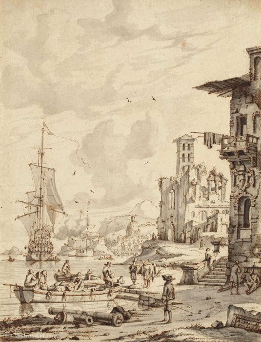 Boats And Characters At The Entrance Of A Port, The Dome Of A Church In The Background — Abraham Storck (sturckenburch)