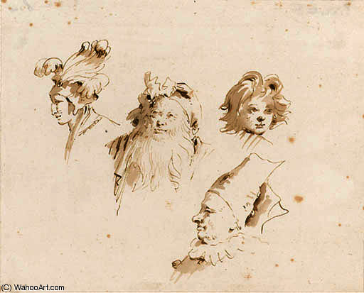 Studies Of Heads Of Orientals, One Wearing A Plumed Hat, A Boy And A Punchinello — Giambattista Tiepolo