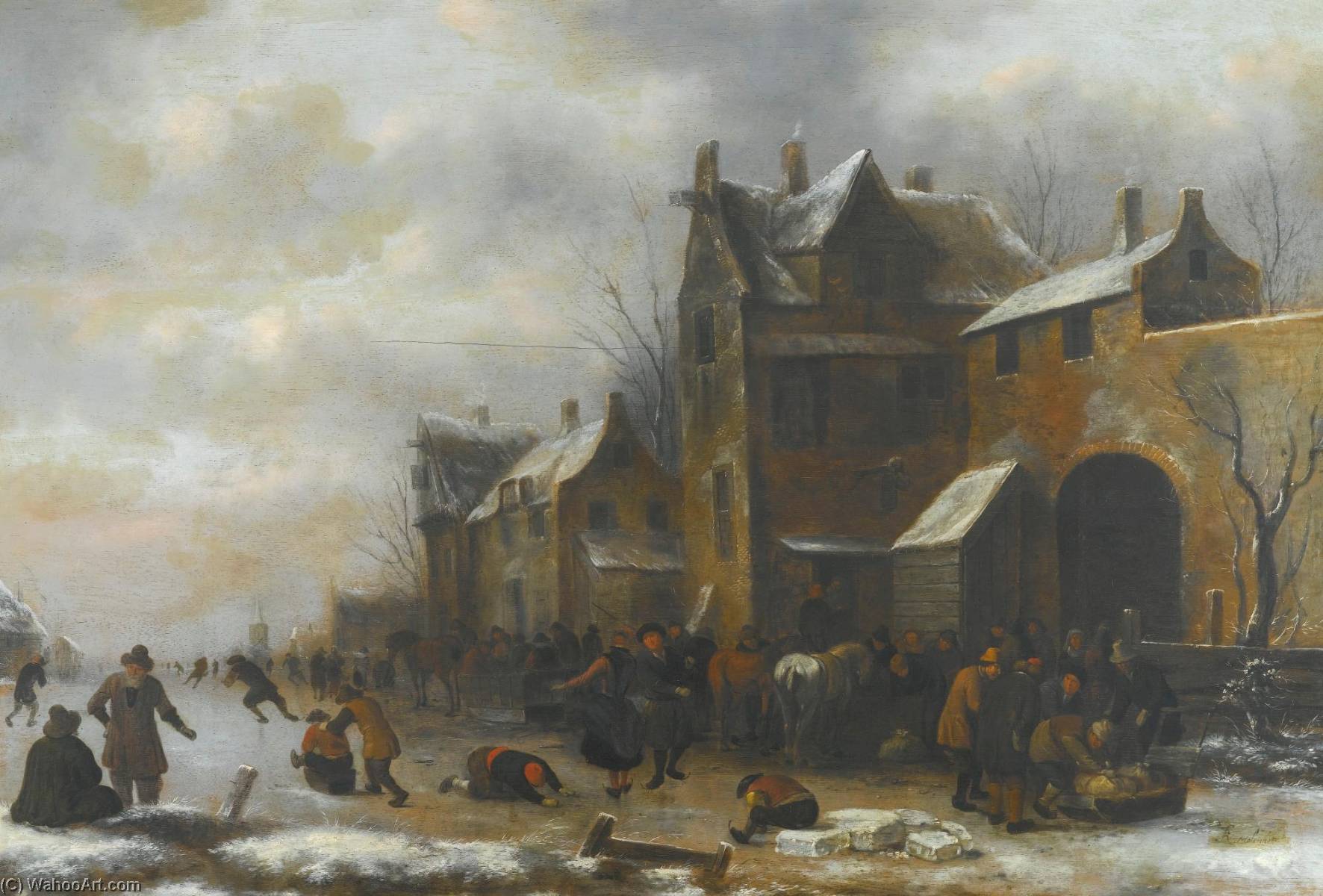Winter Landscape With Skaters, Travellers And Their Horses Outside A Village, Figures Packing Bundles Onto A Sledge By An Archway On The Left — Claes Molenaer