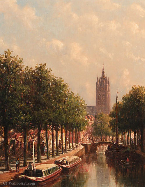 Moored Canal Boats Along The Oude Delft, Delft, With The Oude Kerk Towering In The Background — Pieter Gerard Vertin