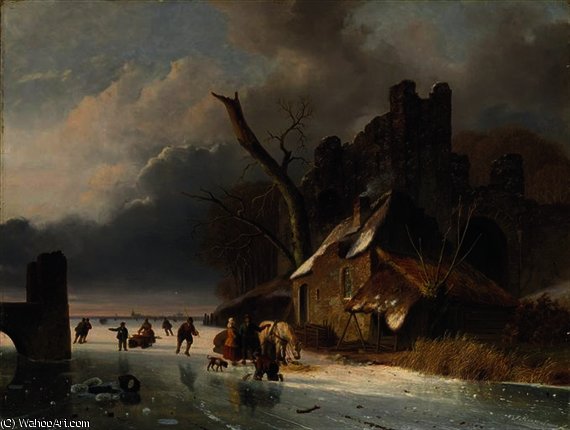 Townspeople On The Ice By A Ruin — Nicolaas Johannes Roosenboom