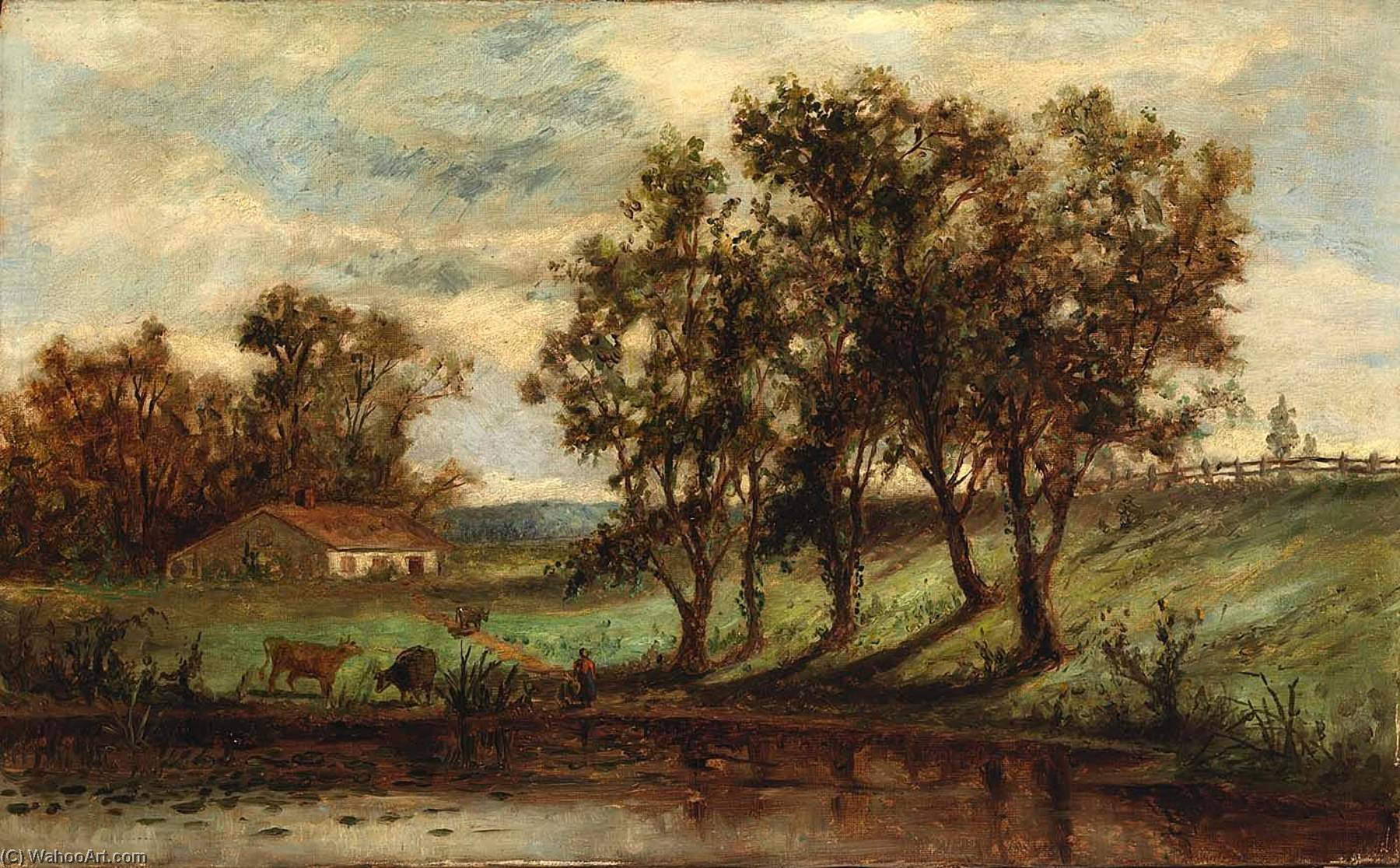 Untitled (man With Cows Grazing Near Pond With House And Trees In Background) — Edward Mitchell Bannister