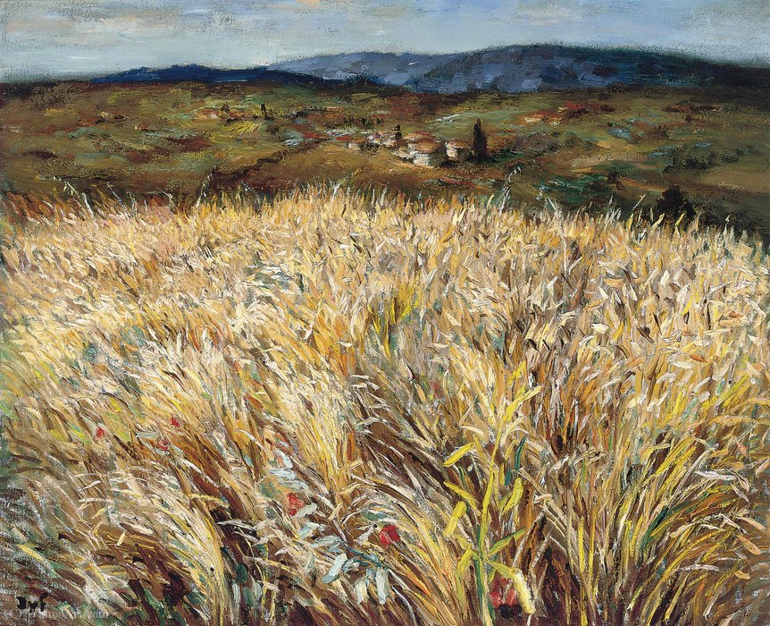 Wheat Field And Village In Provence — Marcel Dyf