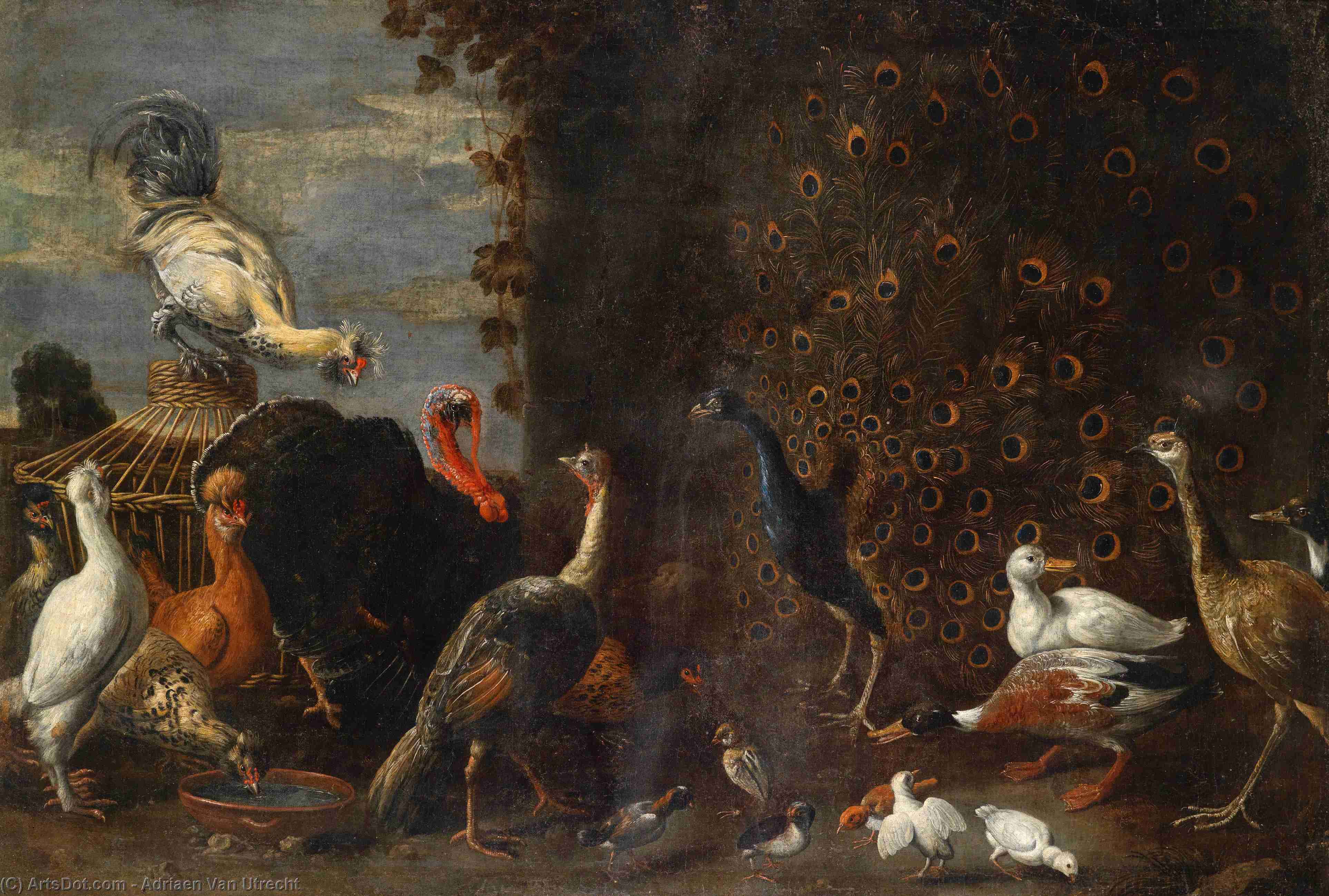 Chicken Run With Peacock Turkey And Duck — Adriaen Van Utrecht