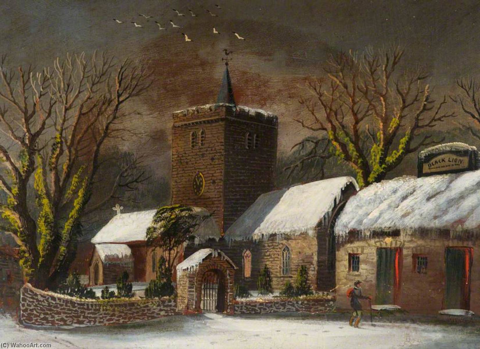 Llanbadarn Church And The 'black Lion' In Winter — Alfred Worthington