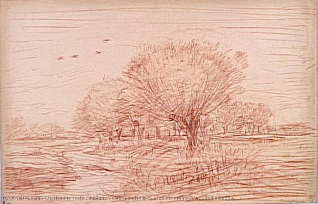 River Landscape: Creek Crossing A Wooded Meadow — Charles-françois Daubigny