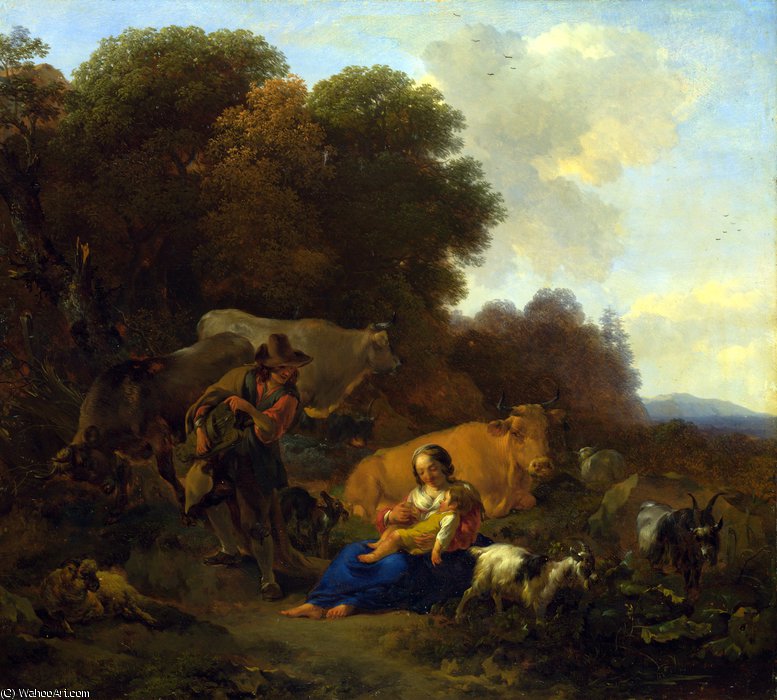 A Peasant Playing A Hurdy-gurdy To A Woman And Child — Nicolaes Pietersz Berchem