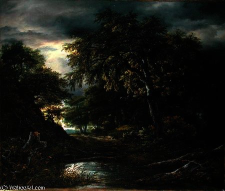Woodland At Sunset With A Traveller And His Dog — Jacob Van Ruisdael